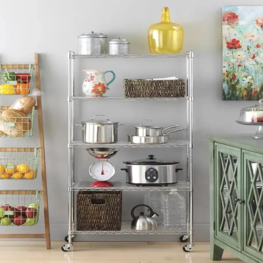 Rack Metálico Cromado de 5 Niveles 100kg con Ruedas & Frenos 160*120*45cm R160X120X45