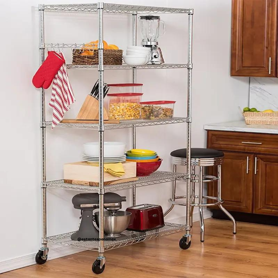 Rack Metálico Cromado de 5 Niveles 100kg con Ruedas & Frenos 160*120*45cm R160X120X45