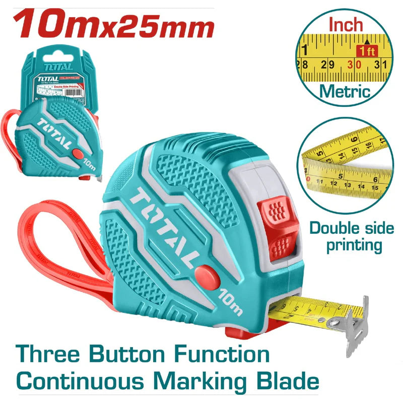 Cinta Metrica Y Pulgada 10 Mts X 25 Mm. Alta Calidad. Total TMT126101