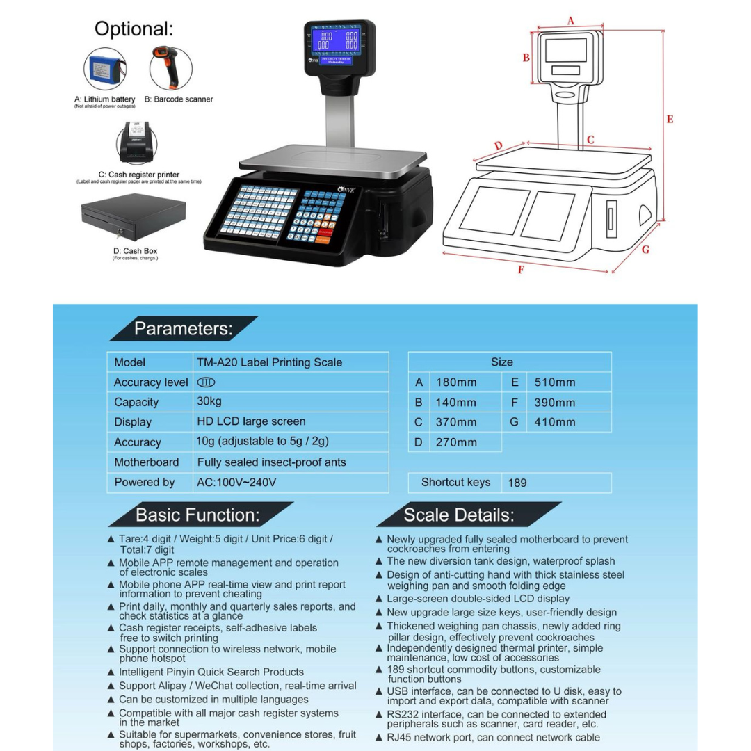Balanza Digital de 30kg con Impresión de Código de Barra Con WIFI TM-A20 Báscula. Pesa. Selecto