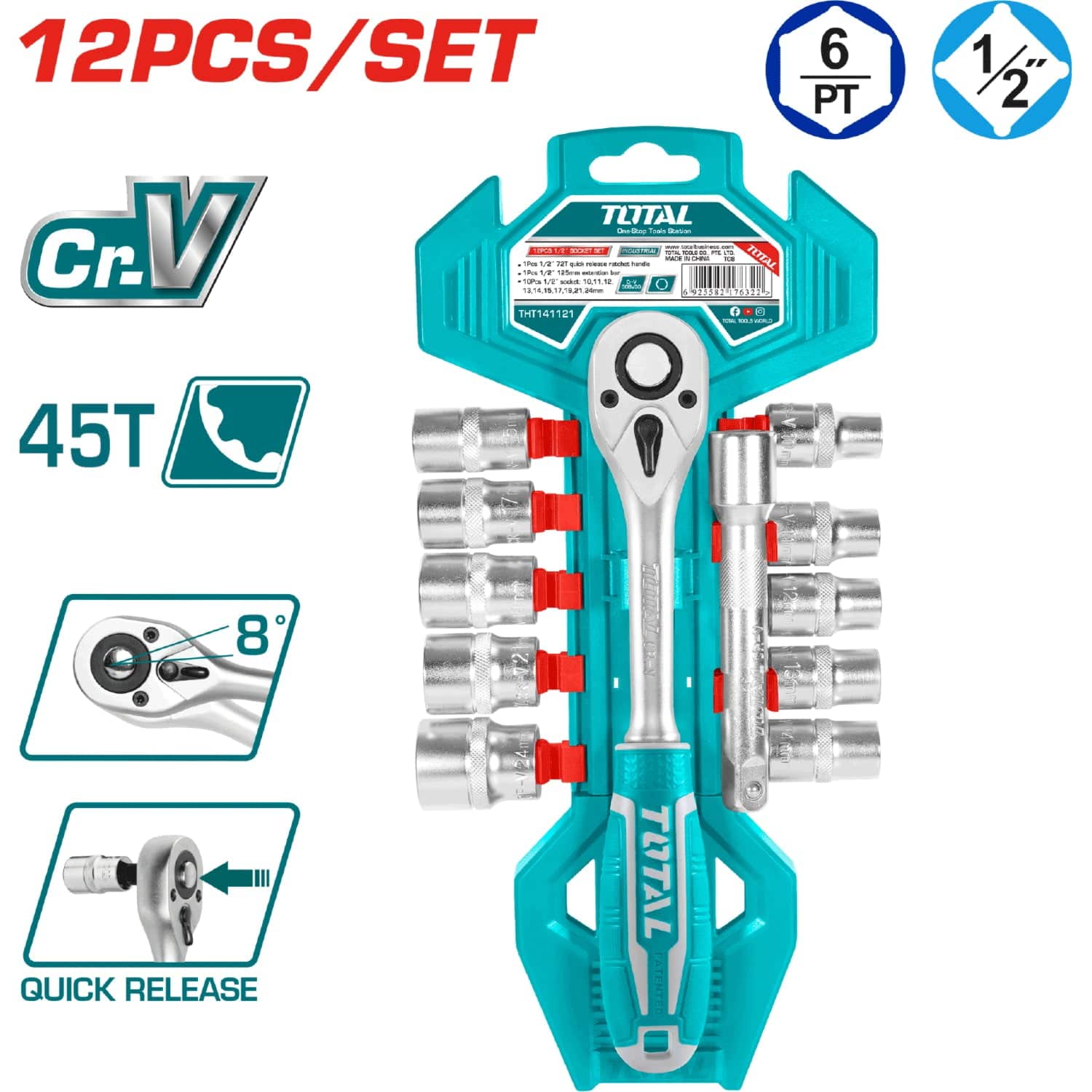 Rachet C/Socket 12PZA 1/2" 50BV30 Crv Medidas 10,11,12,13,14,15,17,19,21,24Mm 1Pcs 5" Ext Bar. THT141121 TOTAL