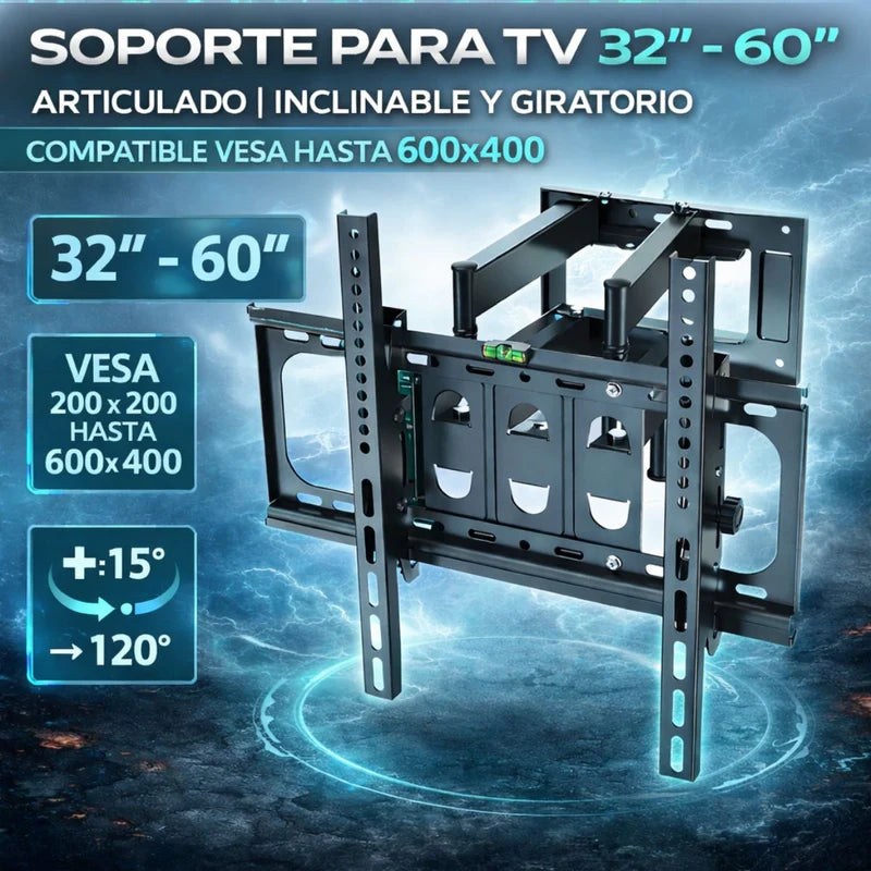 Soporte De Pared Para TV 32-60” Con Brazo Articulado Inclinable Y Giratorio Ajuste Vertical ±15° Y Giro Lateral Hasta 120°Compatible VESA Hasta 600X400 LT331