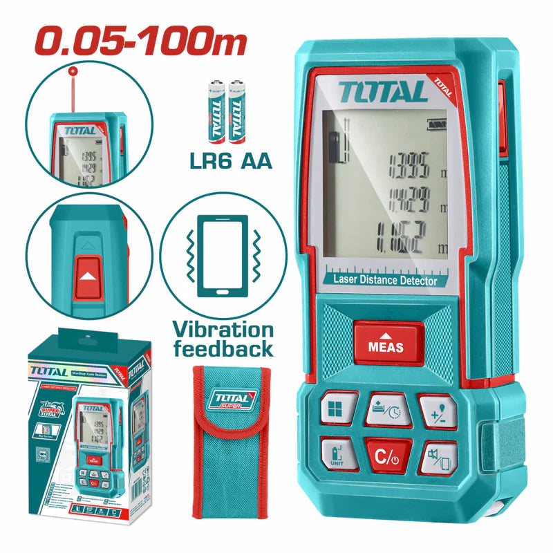 Medidor Laser Rango 0.05-100M. Precisión De Medición: ±2.0Mm Tipo De Láser: 635 Nm, <1 Mw, Clase 2 Temperatura De Funcionamiento: 0°C ~ +50°C Función Medición Única. Monitor Láser. Total TMT51036 TOTAL