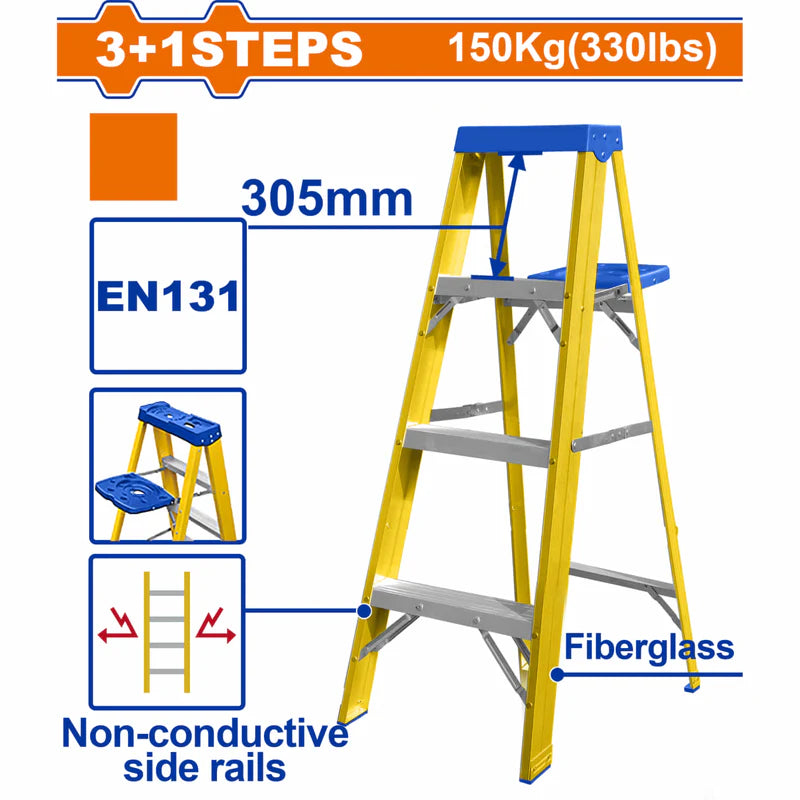 Escalera De Fibra De Vidrio 4 Escalones. Altura De Paso: 305Mm. Norma EN131 Carga Máxima: 150Kg Rieles Laterales Aislantes. Escalera De Tijera Wadfow WLD1914