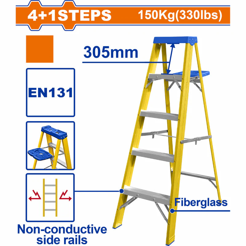 Escalera De Fibra De Vidrio 5 Escalones. Altura De Paso: 305Mm. Norma EN131 Carga Máxima: 150Kg Rieles Laterales Aislantes. Escalera De Tijera Wadfow WLD1915 WADFOW