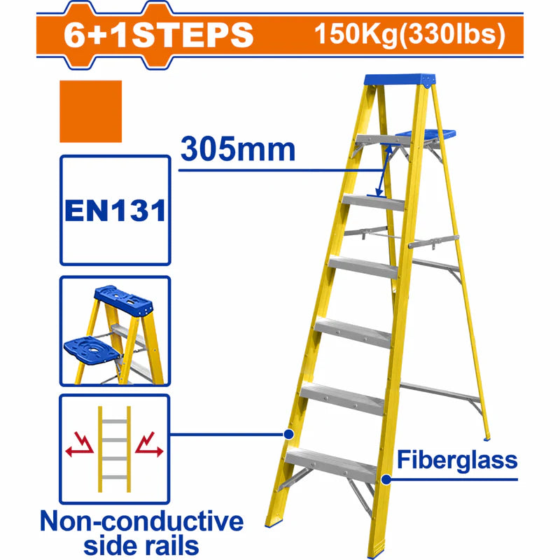 Escalera De Fibra De Vidrio 7 Escalones. Altura De Paso: 305Mm. Norma EN131 Carga Máxima: 150Kg Rieles Laterales Aislantes. Escalera De Tijera WLD1917