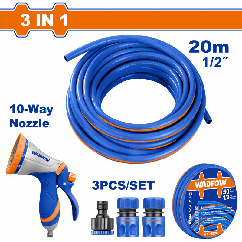 Manguera Agua 1/2" Jardin De PVC 65 Pies (20Mts) Con Conectores Y Boquilla Metálica De 10 Patrones De Rociado, Adaptador Grifo Y Tope De Agua. Set De 5 Piezas. Wadfow WYP1E203 WADFOW