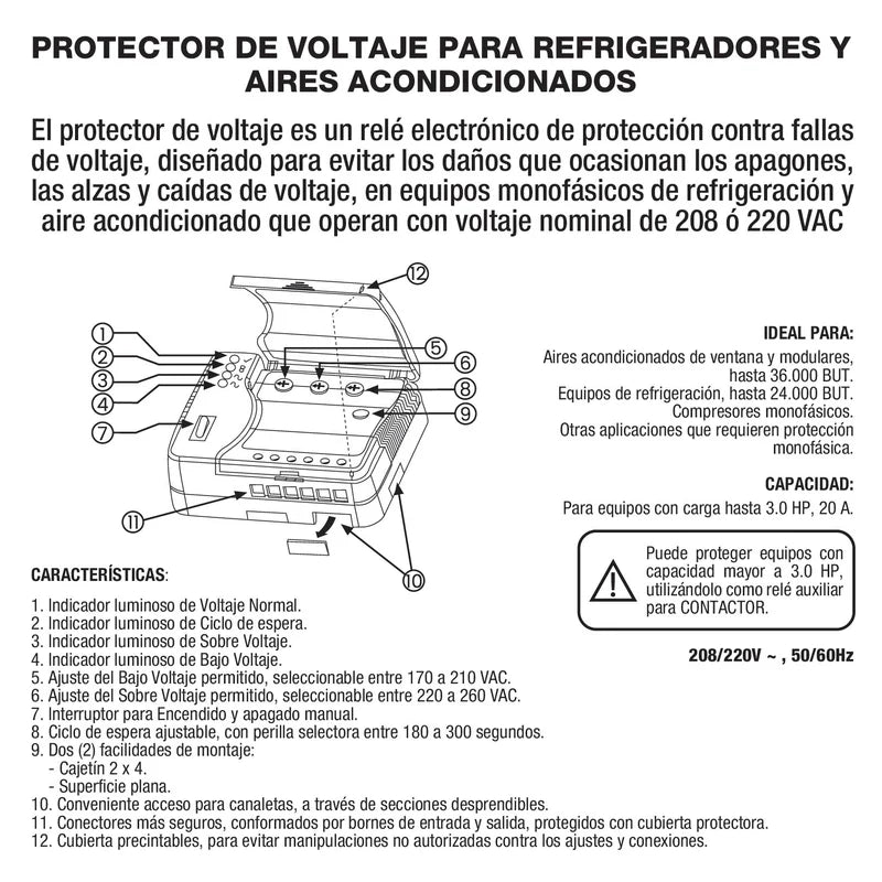 Protector De Voltaje 220Volt - 50/60Hz. Corriente 20A Para Aires Acondicionados Inverter Y Refrigeradores Con Retardo Ajustable UN-P105 CARBONE
