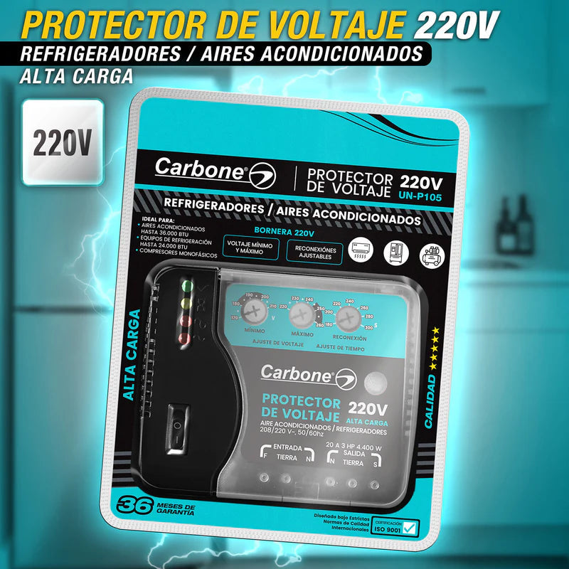 Protector De Voltaje 220Volt - 50/60Hz. Corriente 20A Para Aires Acondicionados Inverter Y Refrigeradores Con Retardo Ajustable UN-P105 CARBONE