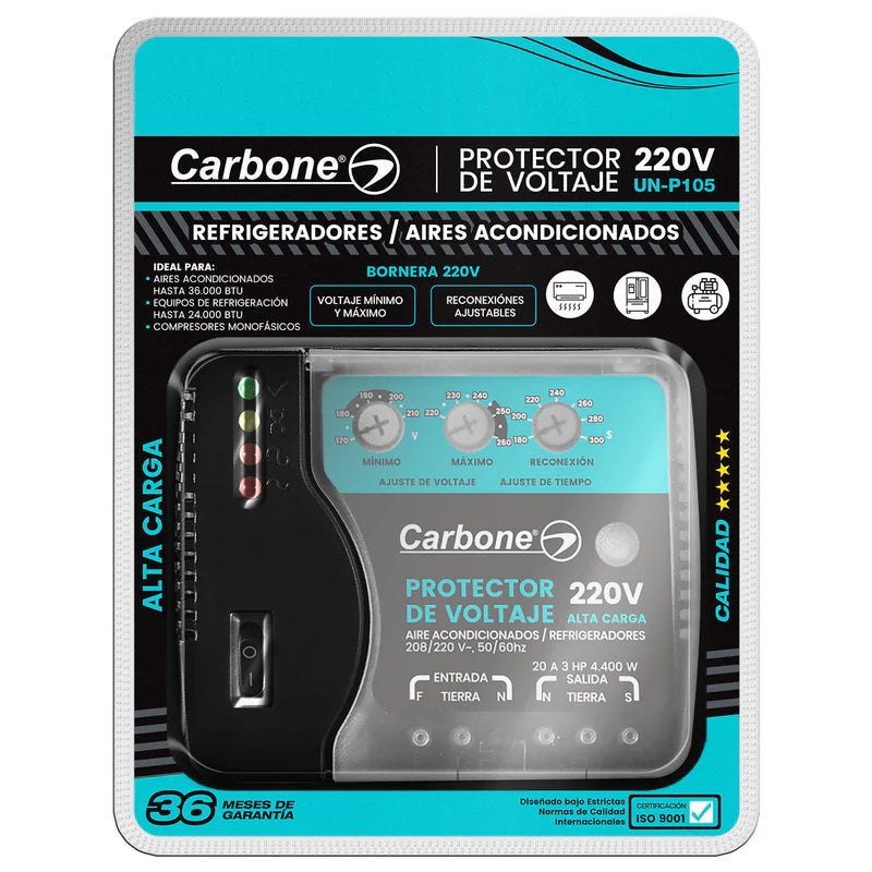 Protector De Voltaje 220Volt - 50/60Hz. Corriente 20A Para Aires Acondicionados Inverter Y Refrigeradores Con Retardo Ajustable UN-P105 CARBONE