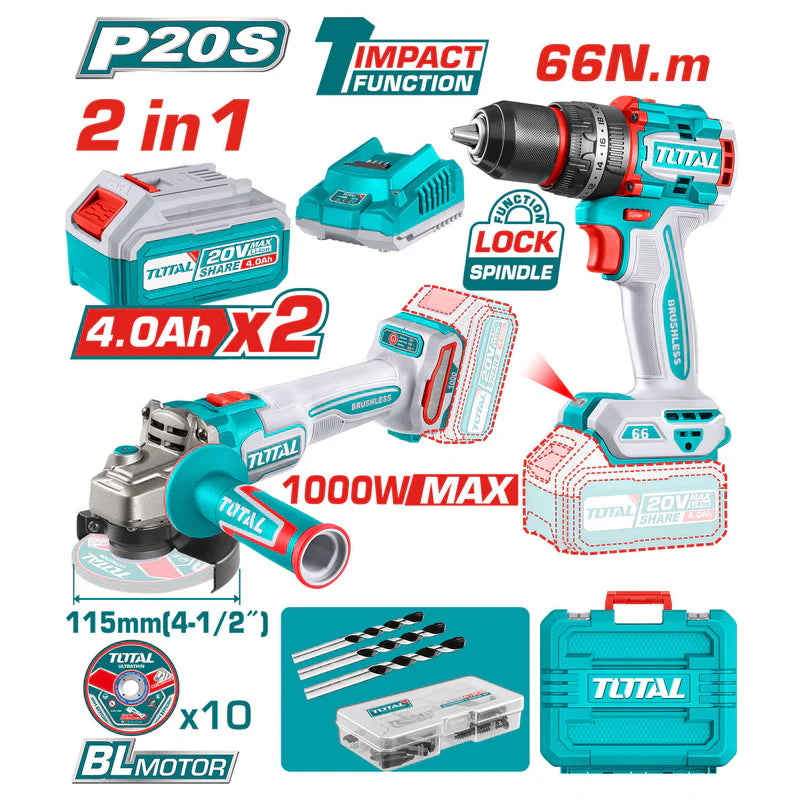 Combo Del Mes Total Esmeril Angular 20V Motor Sin Escobillas 4-1/2". Taladro Compacto Motor Sin Escobillas 20V 66Nm. Batería Y Cargador. POCAS UNIDADES UTCKLI20273 TOTAL