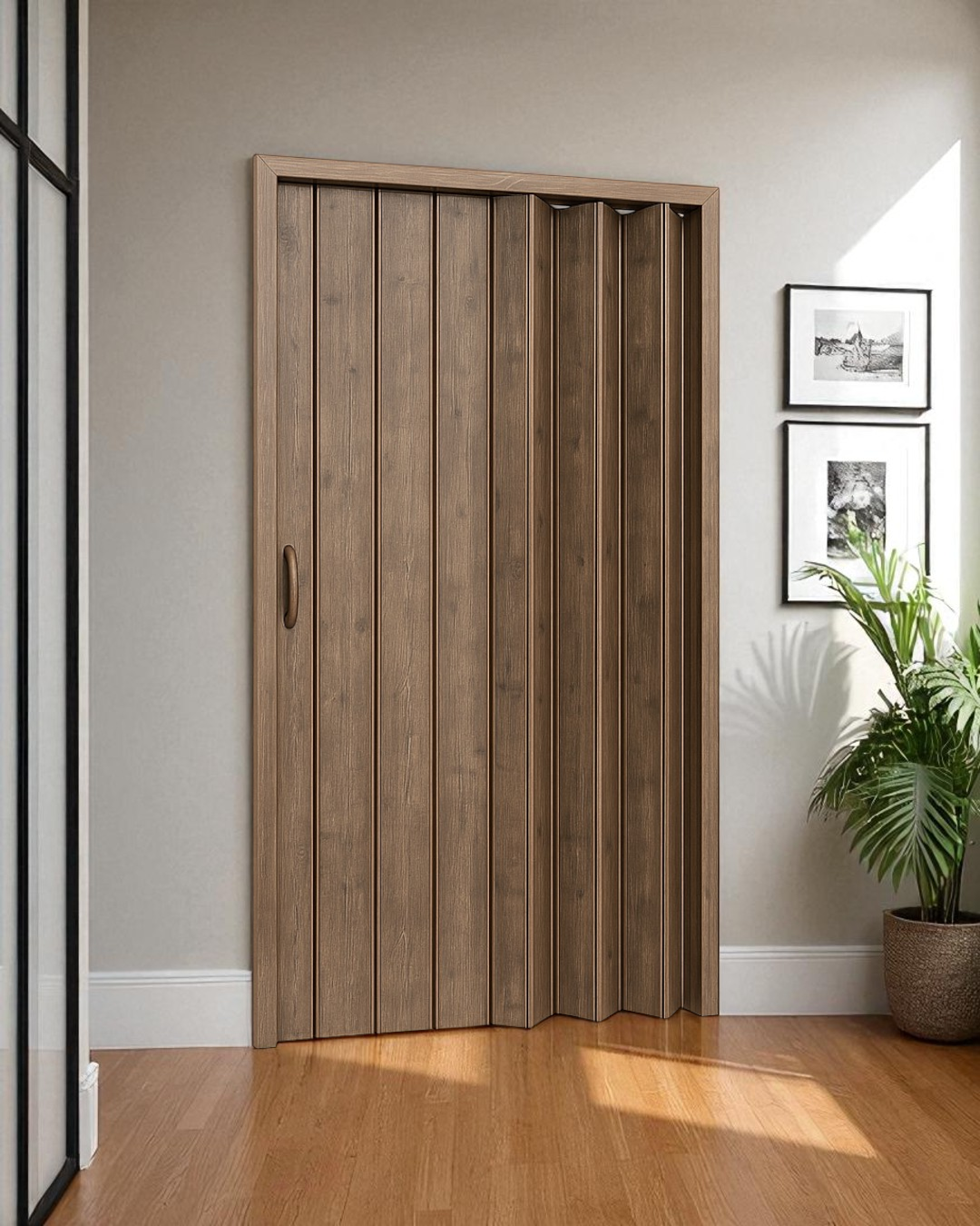 Puerta Plegable de PVC Diseño Madera Oscuro 2 Tamaños Disponibles Selecto