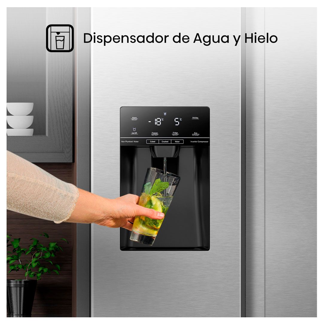 Refrigeradora Hisense Side by Side 19P3 | Inverter | Auto Ice Maker | Dispensador de Agua | Gris | RS19W6WSN HISENSE