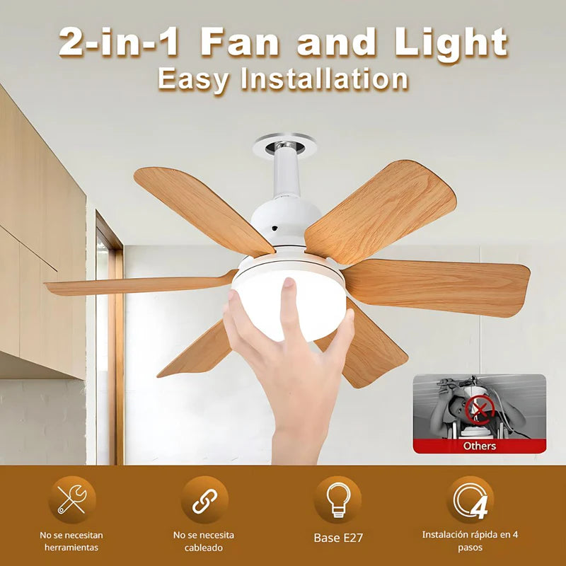 Abanico De Techo 20" Socket E27 Con Luz LED 3 Tonos 3000/4000/6500K, 1900 Lúmenes, 6 Aspas, 3 Velocidades, 520X185mm. Color Madera. AB1505