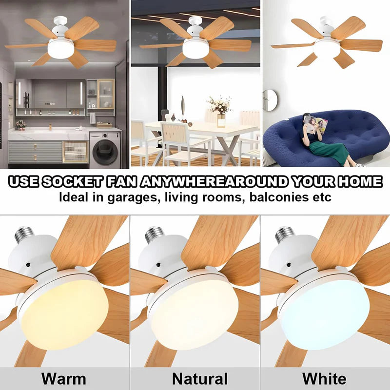 Abanico De Techo 20" Socket E27 Con Luz LED 3 Tonos 3000/4000/6500K, 1900 Lúmenes, 6 Aspas, 3 Velocidades, 520X185mm. Color Madera. AB1505