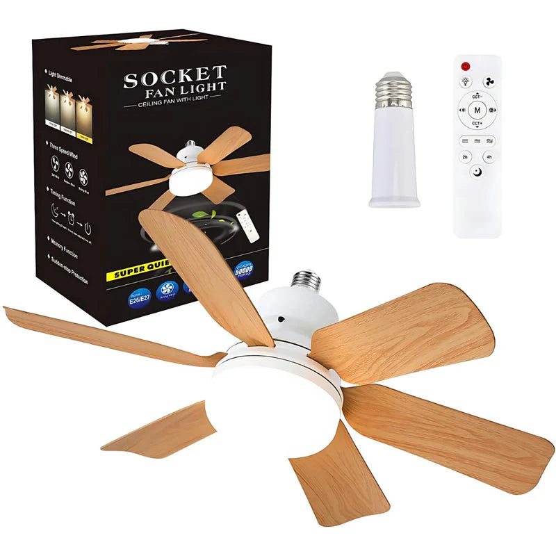 Abanico De Techo 20" Socket E27 Con Luz LED 3 Tonos 3000/4000/6500K, 1900 Lúmenes, 6 Aspas, 3 Velocidades, 520X185mm. Color Madera. AB1505