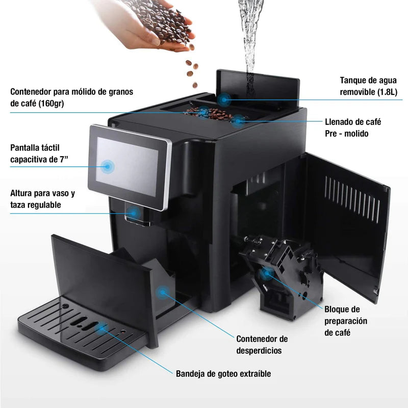 Máquina De Cafe Automática Granos Y Polvo 19 Bar Pantalla Táctil 7" Contenedor De Leche Expreso Capuchino Latte Machiato CML001 CARBONE
