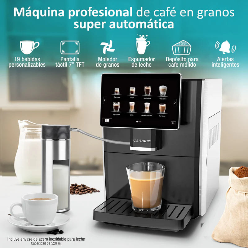 Máquina De Cafe Automática Granos Y Polvo 19 Bar Pantalla Táctil 7" Contenedor De Leche Expreso Capuchino Latte Machiato CML001 CARBONE