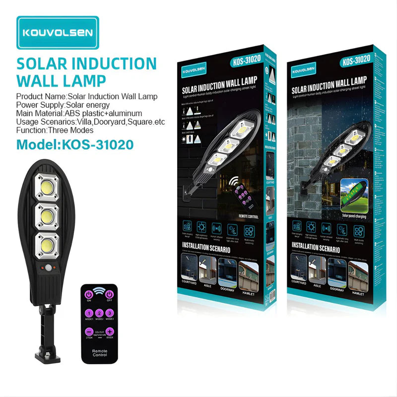 Lámpara Solar LED Para Exterior Con Sensor De Movimiento. Foco De Pared Con Luz Cálida Y Fría, Control Remoto Y Panel Solar. KOS-31020