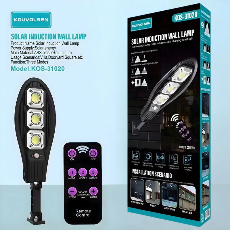Lámpara Solar LED Para Exterior Con Sensor De Movimiento. Foco De Pared Con Luz Cálida Y Fría, Control Remoto Y Panel Solar. KOS-31020