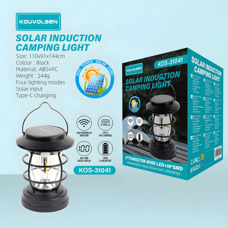 Lámpara Solar LED Portátil Tipo Farol Con Carga USB-C. Luz Recargable Con Pantalla LCD Y 4 Modos De Iluminación. Linterna Solar. KOS-31041