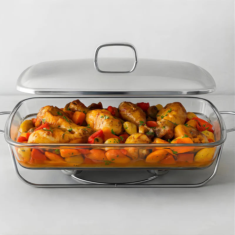 Bandeja De Comida Para Buffet. Chafing Dish De Vidrio 3.6L Con Soporte. Bandeja Rectangular Para Catering (38.5×23.5×6Cm). LT039