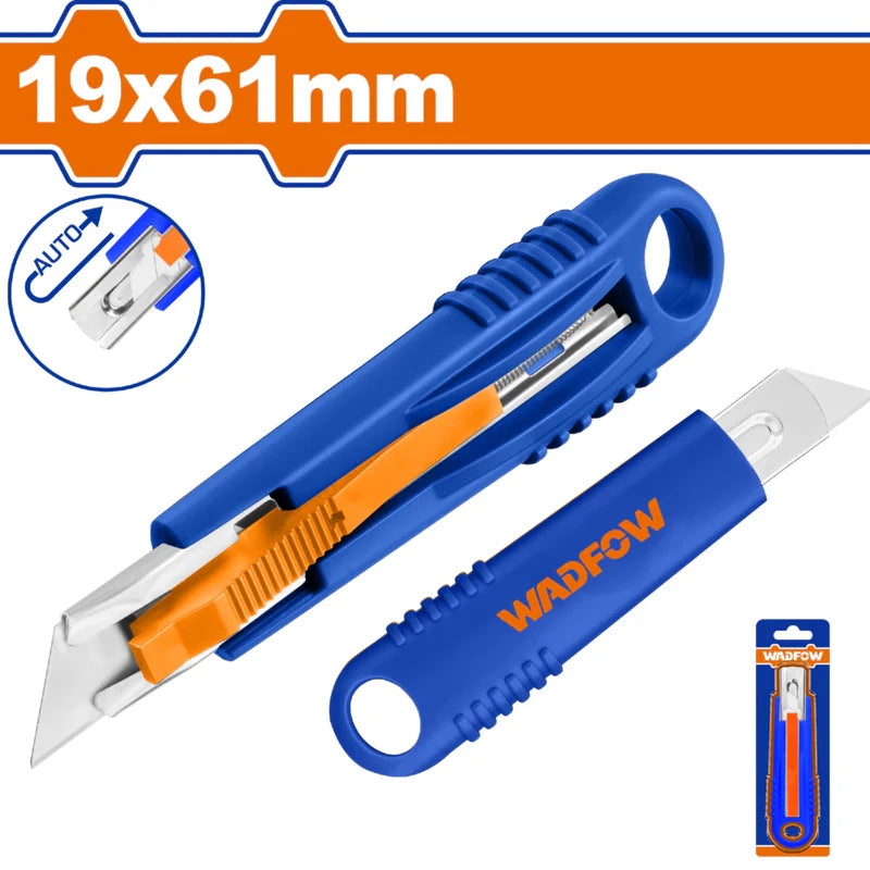Exacto Plástico Auto Retráctil 19X61mm. Ergonómico Auto Deslizante. Pulsador Plano. 1 Hoja. Cuchilla. Wadfow WRSUK19 WADFOW
