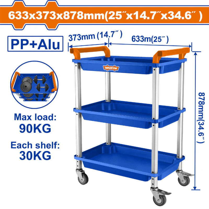 Carrito De Servicio Herramientas 90Kg Con Ruedas Y 3 Bandejas 30Kg 25"X14.7"X34.6" Trolley Carro De Servicio Wadfow WWB5307 WADFOW
