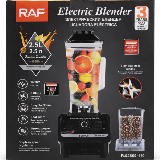 Licuadora Eléctrica Y Moledor De Café 2 En 1, 1600W 110V/60Hz 6 Cuchillas Y Vaso 2.5L. Blender Y Accesorio Moledor R.92809-110 RAF