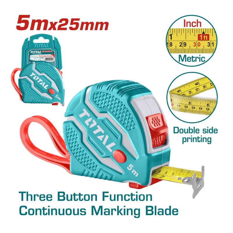 Cinta Metrica Y Pulgada 5 Mts X 25 Mm. Alta Calidad. Total TMT126052 TOTAL