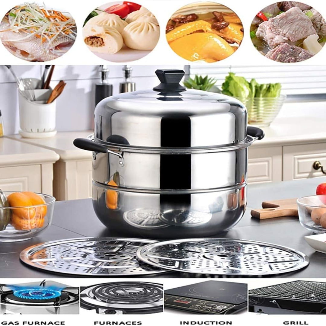 Olla Vaporera de 2 Niveles de Acero Inoxidable 32cm