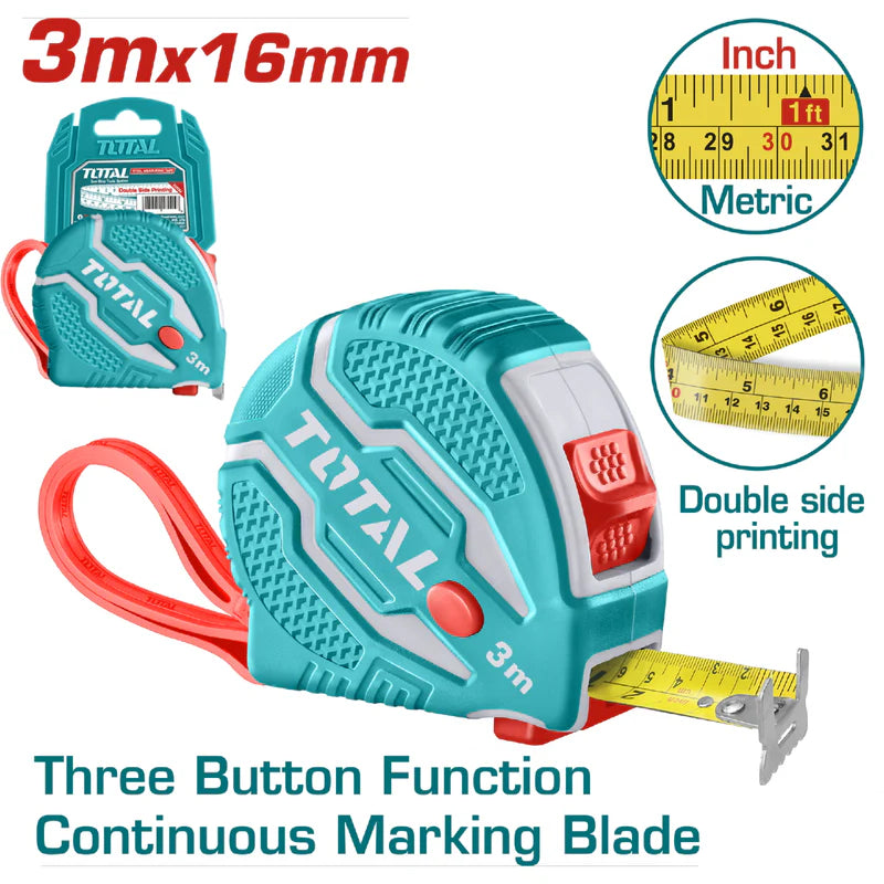 Cinta Metrica Y Pulgada 3 Mts X 16 Mm. Alta Calidad. TMT126031 Total Tools TOTAL