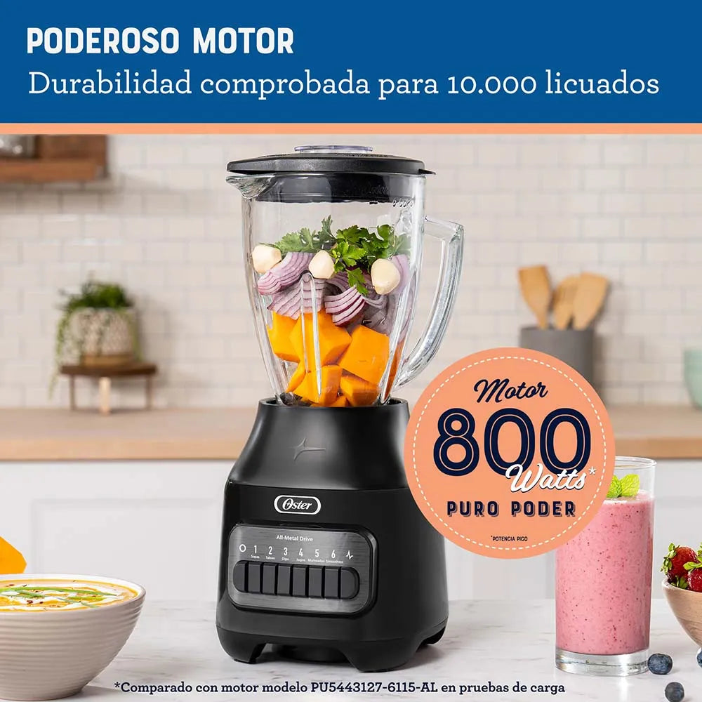 (LLEGANDO 27 DE JULIO) Licuadora Oster® con Vaso de Vidrio 1.25 L, 6 Velocidades + Pulso – BLSTPEG-BPB | 800W de Potencia Máxima