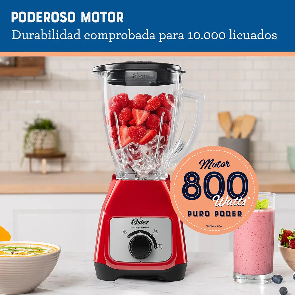 Licuadora Jarra de Vidrio 1.5L 800W 2 velocidades + Pulso Perilla Color Rojo Oster BLSTKAG-RRD