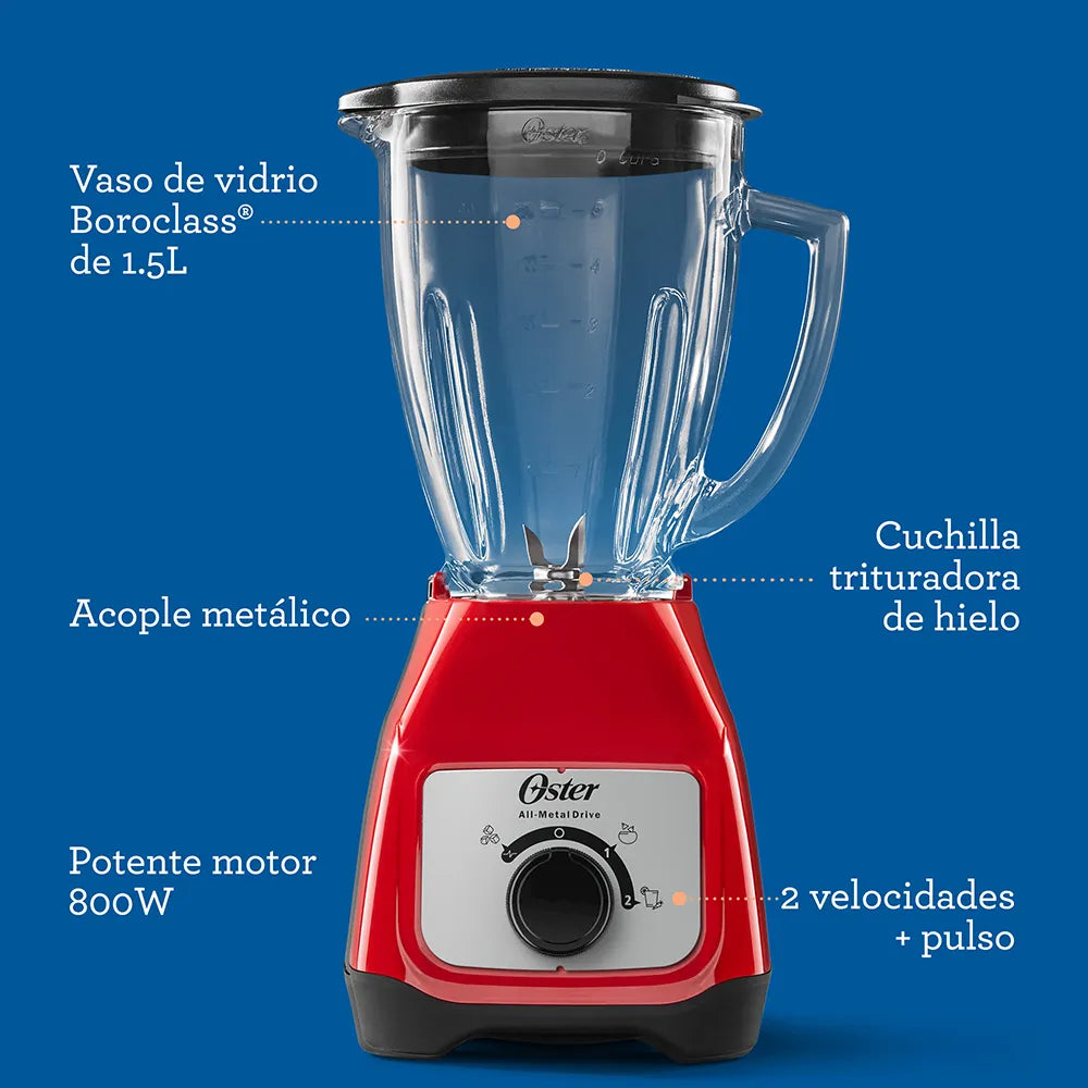Licuadora Jarra de Vidrio 1.5L 800W 2 velocidades + Pulso Perilla Color Rojo Oster BLSTKAG-RRD