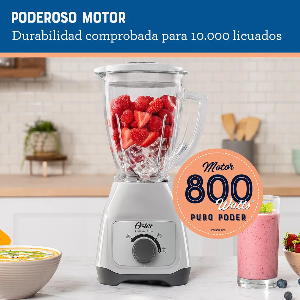 Licuadora Jarra de Vidrio 1.5L 800W 2 velocidades + Pulso Perilla Color Blanco Oster BLSTKAG-WRD