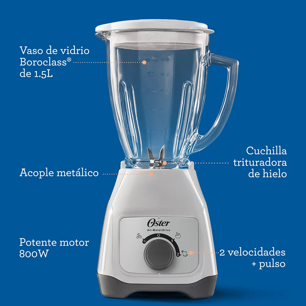 Licuadora Jarra de Vidrio 1.5L 800W 2 velocidades + Pulso Perilla Color Blanco Oster BLSTKAG-WRD
