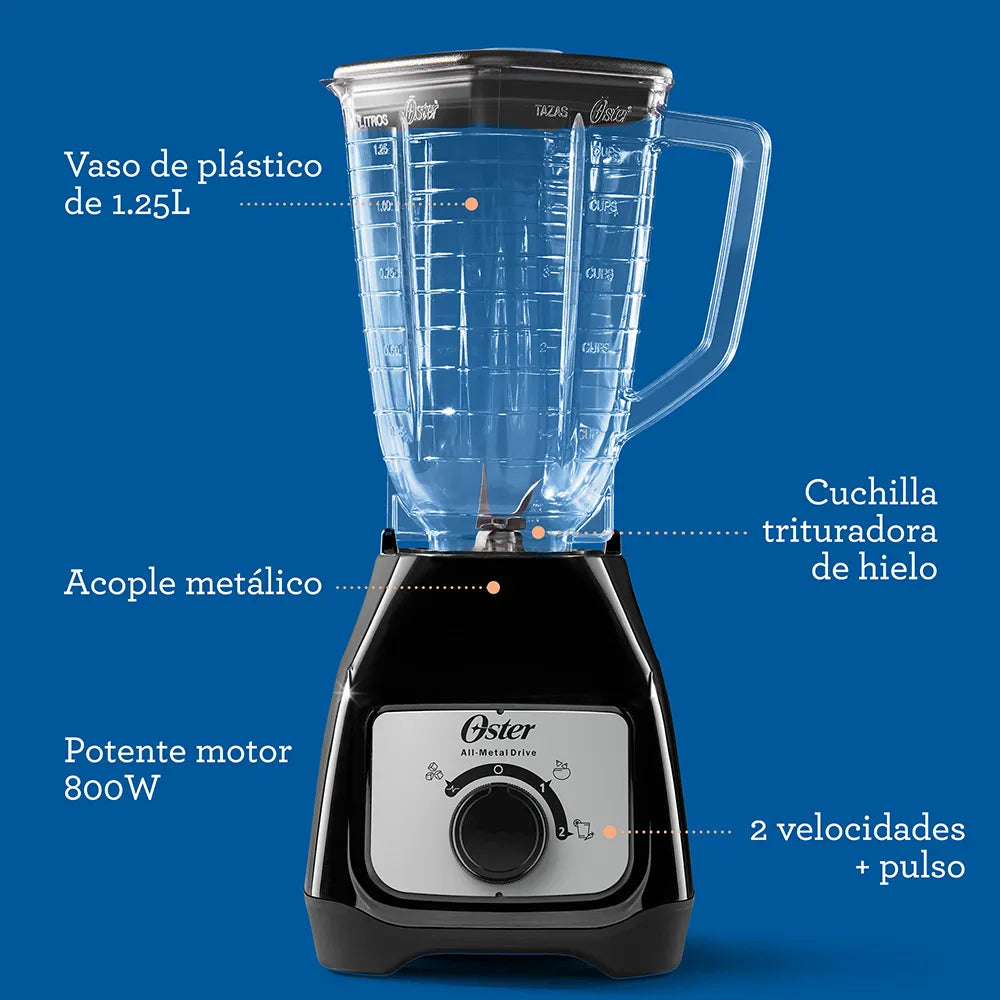 Licuadora Jarra de Vidrio 1.25L 800W 2 velocidades + Pulso Perilla Color Negro Oster BLSTKAP-BRD