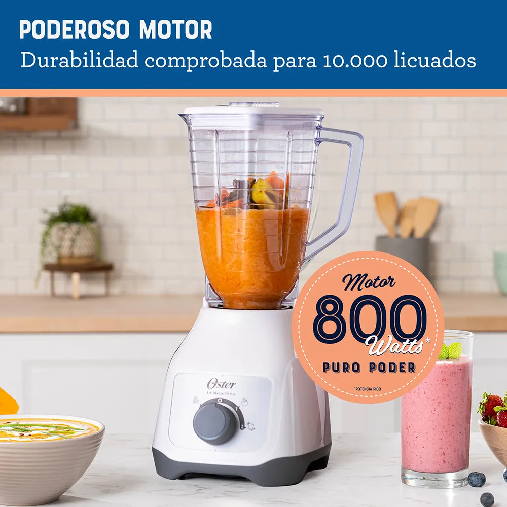 Licuadora Jarra de Vidrio 1.25L 800W 2 velocidades + Pulso Perilla Color Blanco Oster BLSTKAP-WRD
