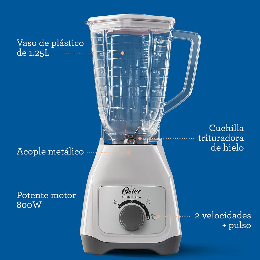 Licuadora Jarra de Vidrio 1.25L 800W 2 velocidades + Pulso Perilla Color Blanco Oster BLSTKAP-WRD