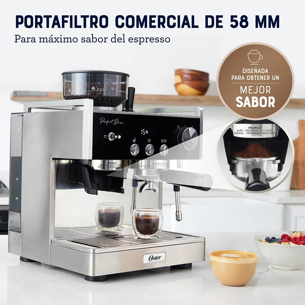 Cafetera para Café Espresso Perfect Brew 2 Tazas 15 Bares con Molino de Granos Oster BVSTEM7400