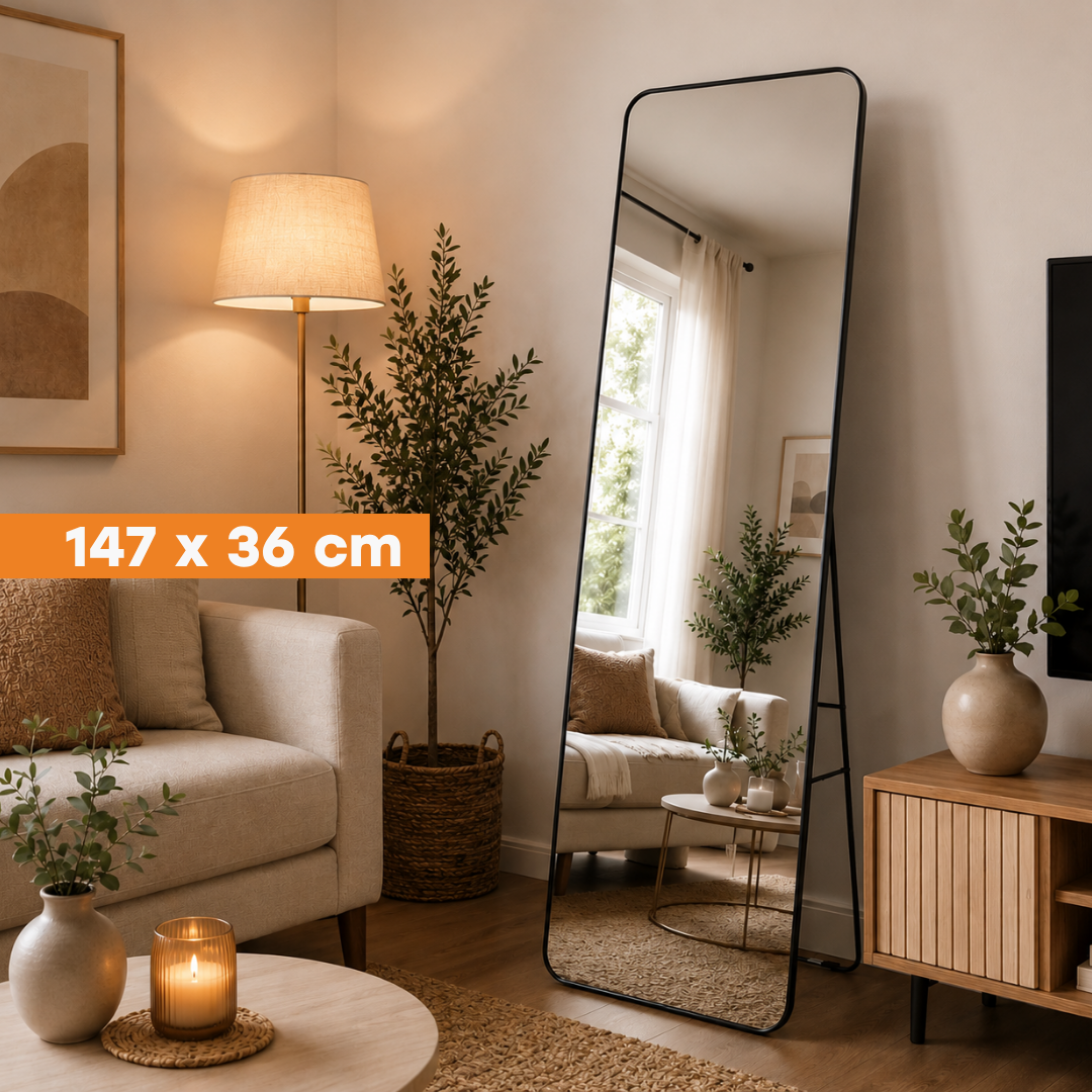 Espejo De Cuerpo Entero Vertical 147x36cm Con Marco Negro Moderno Para Dormitorio O Pasillo FSK10783