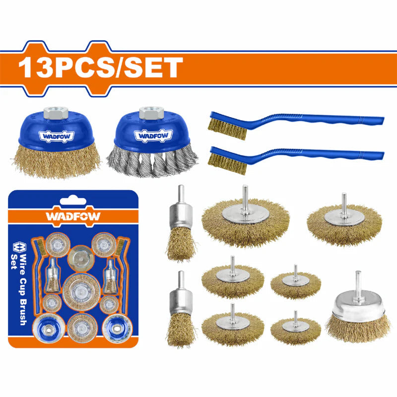 Cepillos De Alambre Con Copas Twist Y Curvas, Cepillos Circulares Y Manuales, Vástago 1/4'' Set 13 Pzas. UWCE6403 WADFOW