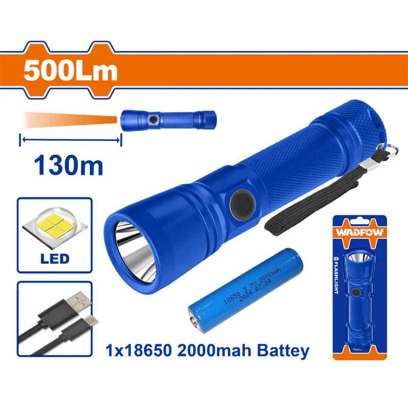 Linterna Recargable LED 500Lm 130M Con Batería 18650 2000Mah 3 Modos IP44 USB Tipo-C Compacta WFL5408 WADFOW