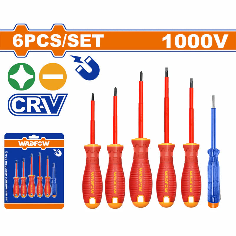 Destornilladores Aislados Punta Plana Y Phillips. 6 Piezas. Punta Magnética. 1000V. Vástago Redondo Y 1 Lápiz De Prueba 140Mm. Insulados Para Electricista WSS7406 WADFOW