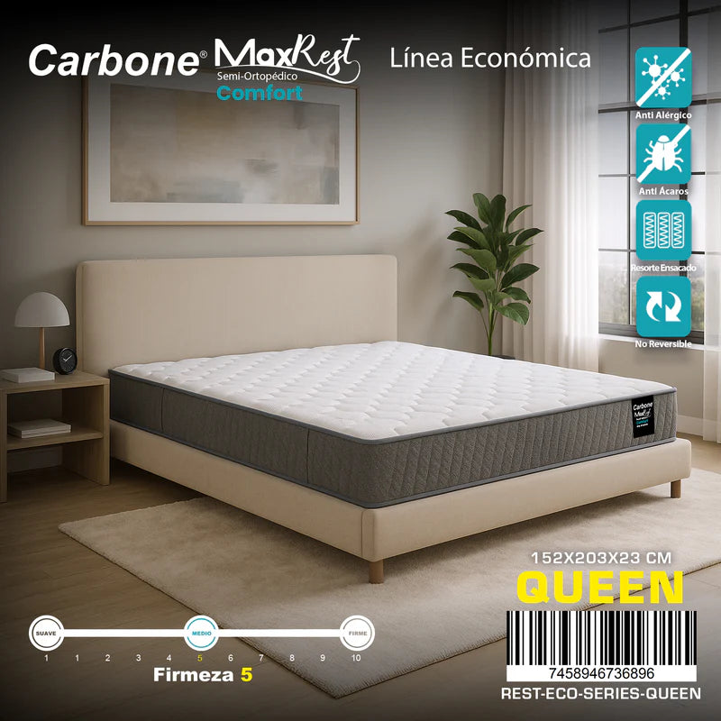 Colchones Semi-Ortopédicos Empacados Al Vacío Max Rest. Línea Económica Con Resortes, 23Cm (9") Espesor. Textil Bekaert Deslee Original De Belgica Nivel De Firmeza 5. CARBONE