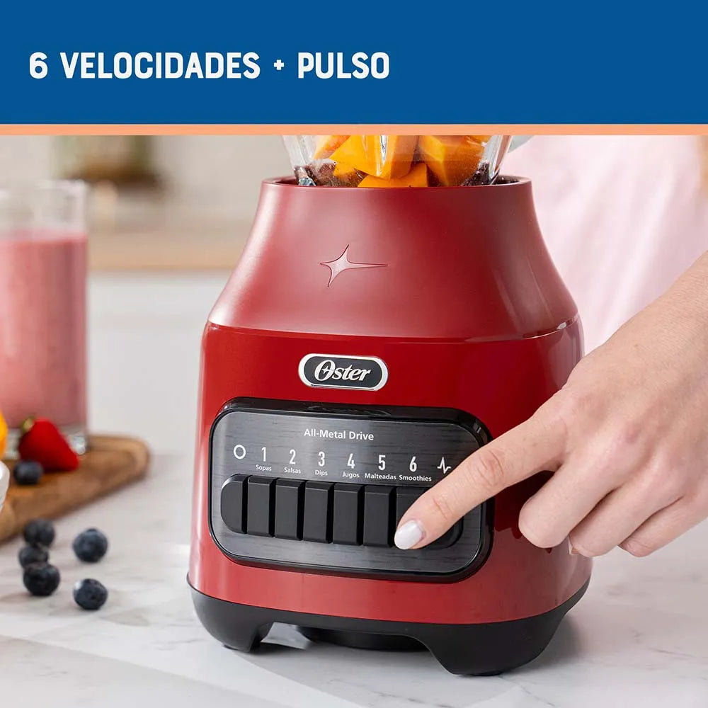 Licuadora Jarra Vidrio 1.5L 800W 6 Velocidades + Pulso Rojo Oster BLSTPEG-RPB