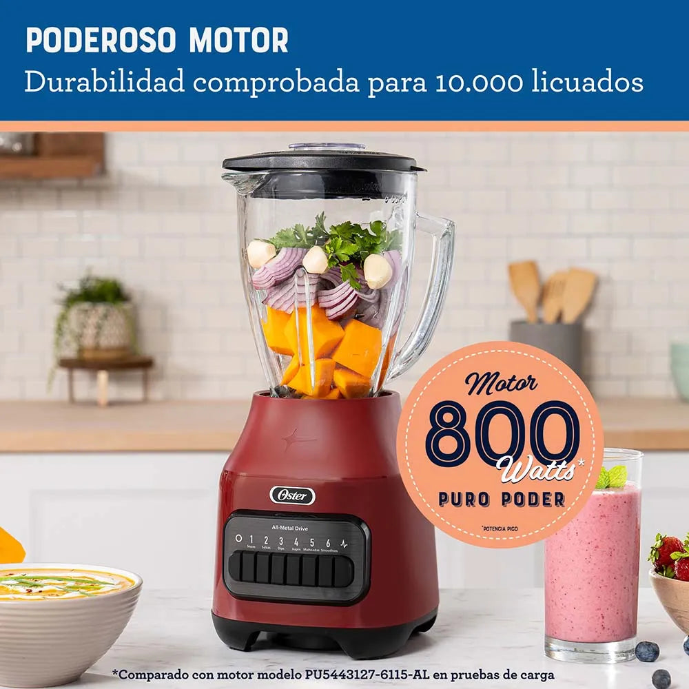 Licuadora Jarra Vidrio 1.5L 800W 6 Velocidades + Pulso Rojo Oster BLSTPEG-RPB