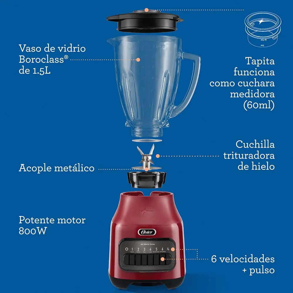 Licuadora Jarra Vidrio 1.5L 800W 6 Velocidades + Pulso Rojo Oster BLSTPEG-RPB