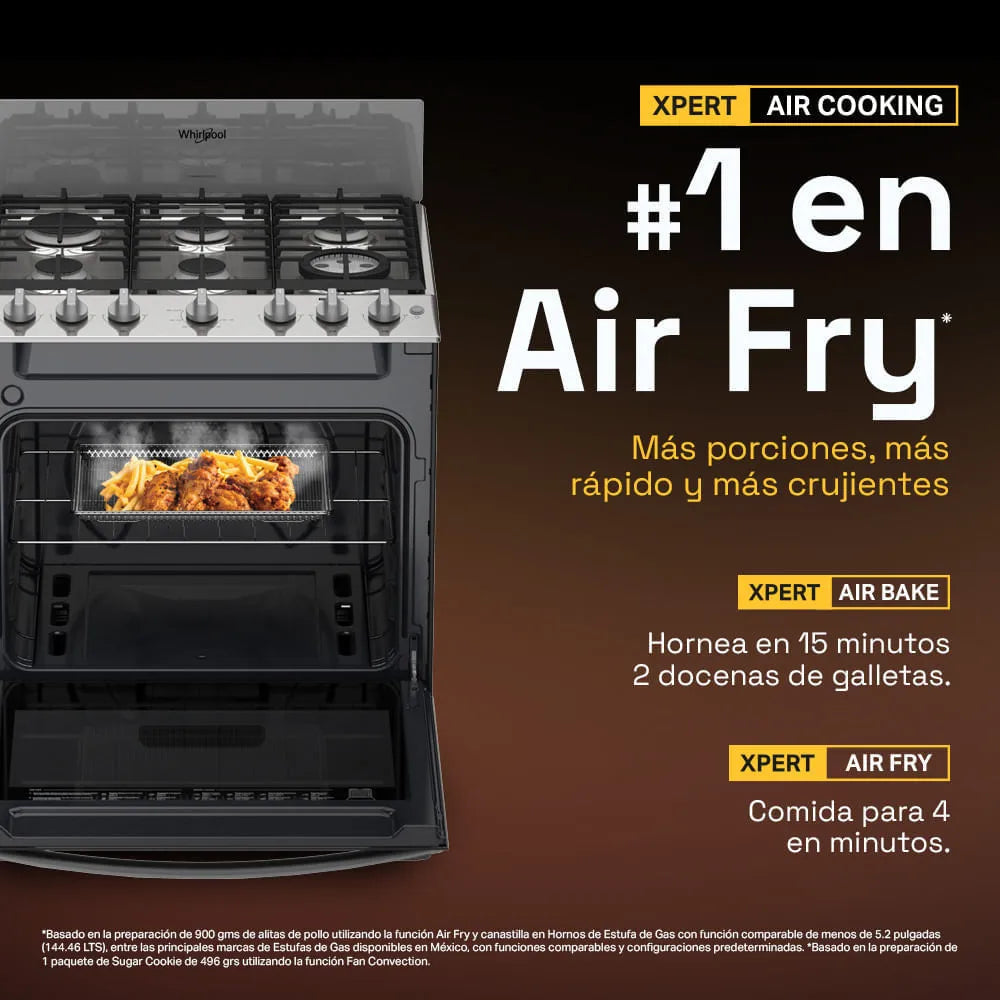 Estufa con Horno a Gas Whirlpool LWFR5050S de 30 Pulgadas con 6 Quemadores, Air Fry y Acero Inoxidable